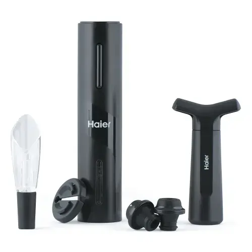 Tirbuson electric Haier HAWUKIT06, plastic, reincarcabil prin USB + dop pentru vidare, turnator de vin, cutter folie (Negru)