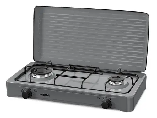 Plita exterior NobeLTek NLT PE2GS, Gaz, 2 arzatoare, Gratar emailat, fara siguranta, Diuze GPL, Capac emailat (Argintiu)