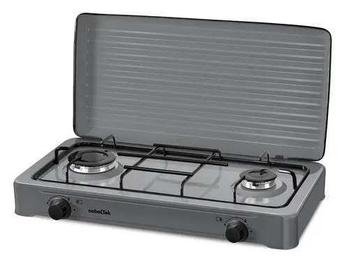 Plita exterior NobeLTek NLT PE2GS, Gaz, 2 arzatoare, Gratar emailat, fara siguranta, Diuze GPL, Capac emailat (Argintiu)