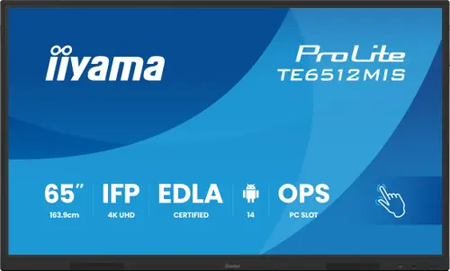 Tabla interactiva IIYAMA 65inch TE6512MIS-B4AG, Ultra HD (3840x2160), 40 Touchpoints, Wi-Fi, Android, 8GB RAM, 128GB Flash, 6.5ms