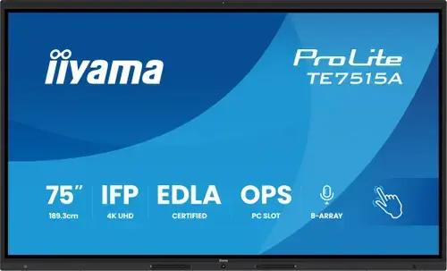 Tabla interactiva IIYAMA 75inch TE7515A-B1AG, Ultra HD (3840x2160), 40 Touchpoints, Wi-Fi, Android, 16GB RAM, 128GB Flash, 8ms