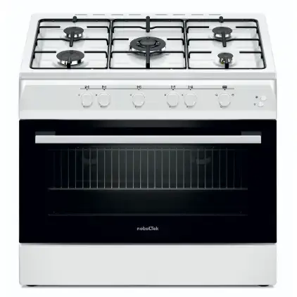 Aragaz Nobeltek NLT 6903A/G1, plta gaz cu 5 ochiuri (arzator mare triplu), cuptor gaz, aprindere electrica, grill, iluminare cuptor, echipat cu diuze GN, diuze GPL de schimb, 60x90cm (Alb)