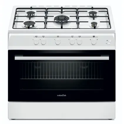 Aragaz Nobeltek NLT 6903A/G1, plta gaz cu 5 ochiuri (arzator mare triplu), cuptor gaz, aprindere electrica, grill, iluminare cuptor, echipat cu diuze GN, diuze GPL de schimb, 60x90cm (Alb)