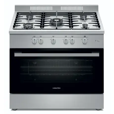 Aragaz semi-profesional Nobeltek, 60x90cm, plta gaz cu 5 ochiuri(arzator mare triplu), cuptor gaz (102l), aprindere electrica, grill, iluminare cuptor, rotisor, echipat cu diuze GN, diuze GPL de schimb, gratare fonta (Inox)