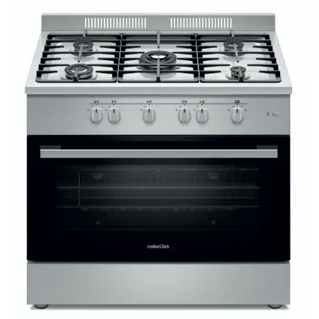 Aragaz semi-profesional Nobeltek, 60x90cm, plta gaz cu 5 ochiuri(arzator mare triplu), cuptor gaz (102l), aprindere electrica, grill, iluminare cuptor, rotisor, echipat cu diuze GN, diuze GPL de schimb, gratare fonta (Inox)