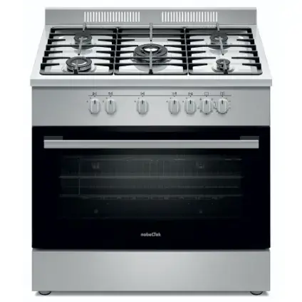 Aragaz semi-profesional Nobeltek, 60x90cm, plta gaz cu 5 ochiuri(arzator mare triplu), cuptor electric (110l), aprindere electrica, grill, iluminare cuptor, rotisor, echipat cu diuze GN, diuze GPL de schimb, gratare fonta (Inox)
