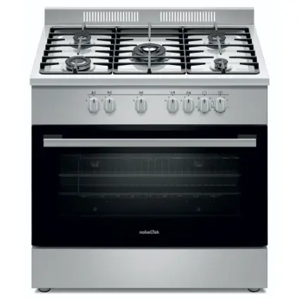 Aragaz semi-profesional Nobeltek, 60x90cm, plta gaz cu 5 ochiuri(arzator mare triplu), cuptor electric (110l), aprindere electrica, grill, iluminare cuptor, rotisor, echipat cu diuze GN, diuze GPL de schimb, gratare fonta (Inox)