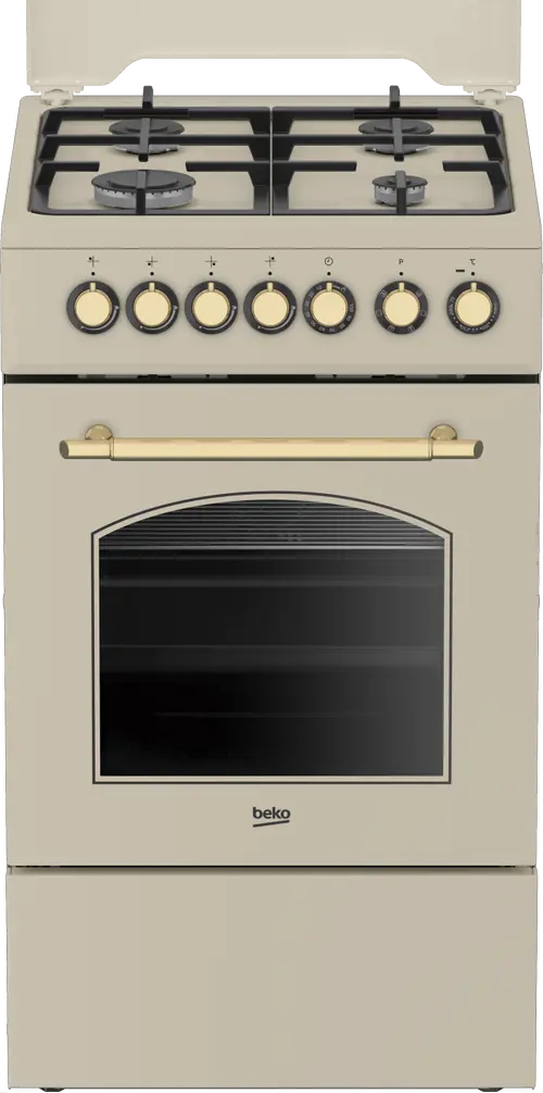 Aragaz rustic mixt Beko FSE52135DCRSN, Gaz+Electric, 4 arzatoare, Aprindere electrica, Booster, Cuptore electric cu 6 functii, Grill, Rotisor, Iluminare, Timer (Crem)