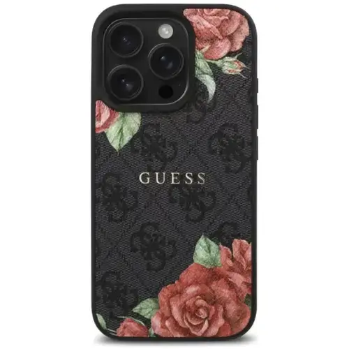 Husa Protectie Spate Guess PU Leather 4G Roses, MagSafe, pentru iPhone 16 Pro (Negru)