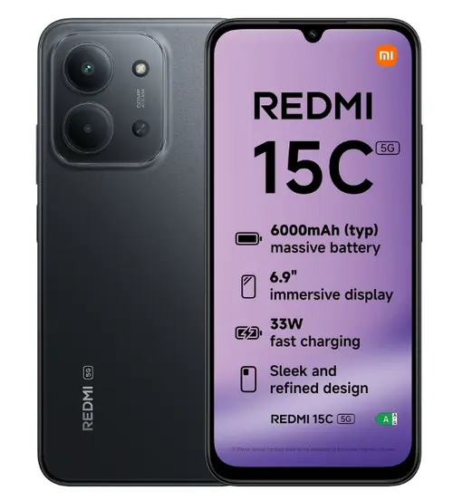 Telefon Mobil Xiaomi Redmi 15C 5G, Procesor Octa-Core, IPS LCD 6.9inch, 4GB RAM, 128GB Flash, Camera Duala 50 MP + QVGA, Wi-Fi, 5G, Dual Sim, Android (Negru)