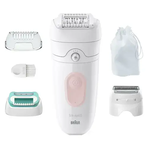Epilator Braun Silk-epil 5 5-050 Wet & Dry, MicroGrip, Smart Light, 28 de pensete, 2 viteze, Cap de ras + Pieptene, Cap pentru incepatori, Saculet de voiaj (Alb/Roz)