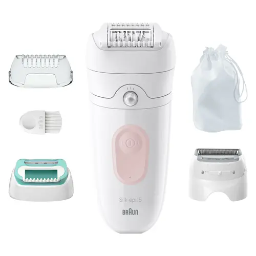 Epilator Braun Silk-epil 5 5-050 Wet & Dry, MicroGrip, Smart Light, 28 de pensete, 2 viteze, Cap de ras + Pieptene, Cap pentru incepatori, Saculet de voiaj (Alb/Roz)