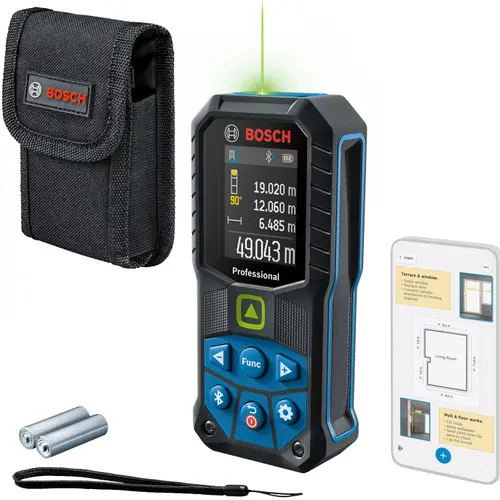 Telemetru profesional cu laser verde Bosch 0601072U00, 515 nm, ± 1.5 mm precizie, IP 65, Bluetooth 4.2, 2 baterii de 1.5 V (AA), husa de protectie, curea de transport