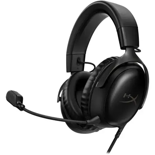 Casti Gaming HyperX Cloud III, DTS Headphone:X Spatial Audio, drivere 53mm, microfon detasabil cu metal mesh, noise cancelling si indicator LED, jack 3,5mm, USB-C, USB-A, cupe cu spuma cu memorie, multiplatforma (Negru)
