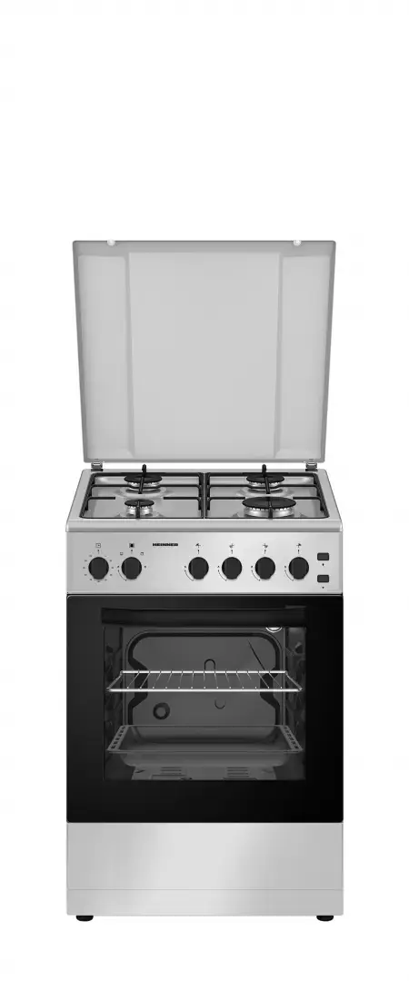 Aragaz Heinner HFSC-S50LITGSL, Gaz, 4 arzatoare, Aprindere electrica, Timer, Grill, Duze GPL, 50 cm (Argintiu)