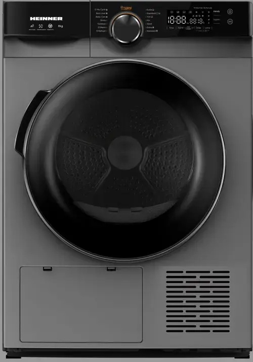 Uscator de rufe cu pompa de caldura Heinner HHPD-M8K3SA++, 8 kg, Clasa A++, 14 programe, Display LED, Functie Antisifonare, Start Intarziat (Argintiu)