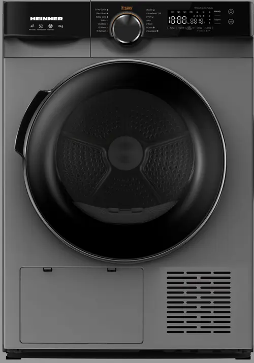 Uscator de rufe cu pompa de caldura Heinner HHPD-M8K3SA++, 8 kg, Clasa A++, 14 programe, Display LED, Functie Antisifonare, Start Intarziat (Argintiu)