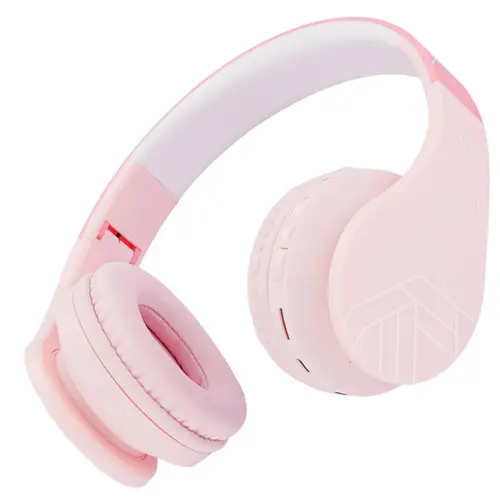 Casti Wireless Over-Ear Pentru Copii, PowerLocus P1, Protectie auz 85db, Microfon, Wireless, Bluetooth 5.3, Compatibilitate universala pentru iPhone, Android, Laptop, PC (Roz)