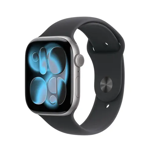 Smartwatch Apple Watch 11, GPS, 46mm, Ecran Retina LTPO OLED, Chip S10 cu Procesor Dual-Core, 64GB Flash, Wi-Fi, Bluetooth, Carcasa Aluminiu, Curea Sport Band M/L (Negru)