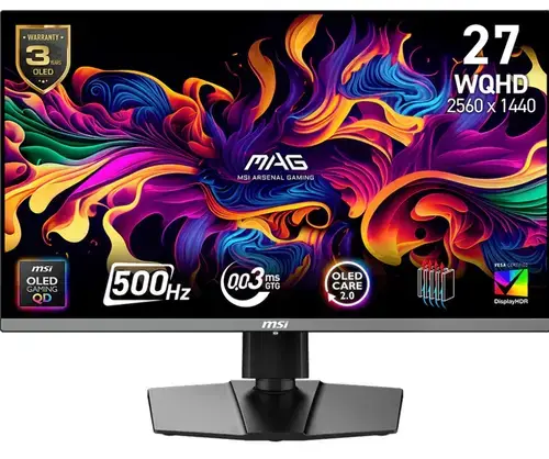 Monitor Gaming QD-OLED MSI 26.5inch MAG 272QP QD-OLED X50, WQHD (2560 x 1440), HDMI, DisplayPort, Pivot, 500 Hz, 0.03 ms (Negru)
