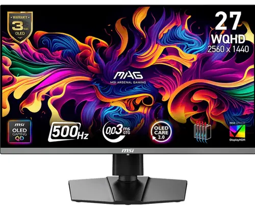 Monitor Gaming QD-OLED MSI 26.5inch MAG 272QP QD-OLED X50, WQHD (2560 x 1440), HDMI, DisplayPort, Pivot, 500 Hz, 0.03 ms (Negru)