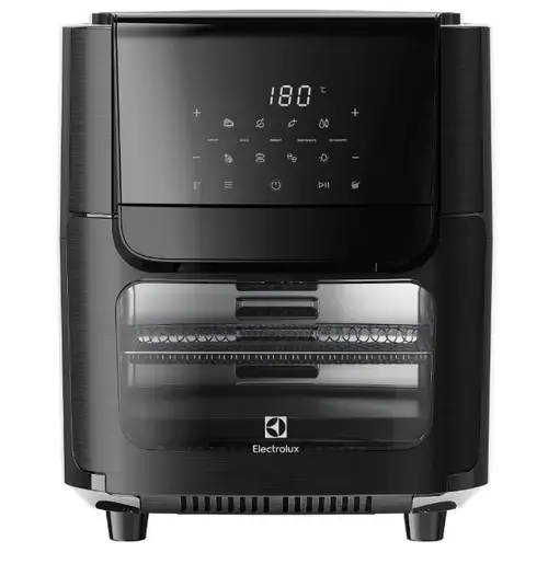 Friteuza cu aer cald Electrolux Seria 800 EAF12B, 1800W, 12 l, 5 moduri de gatit, 7 programe, Display digital, Rotisor, Tava coacere, Rafturi cu sita (Crom/Negru)