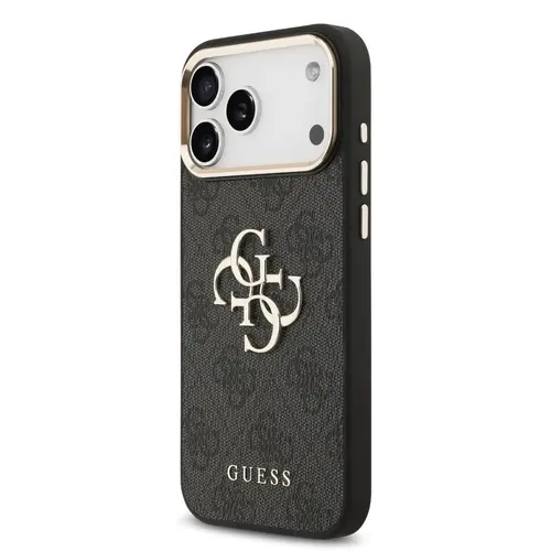 Husa Protectie Spate Guess PU Leather 4G Metal Logo Gold Frame pentru Aepple iPhone 17 Pro Max (Negru)