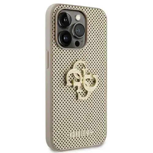 Husa Protectie Spate Guess Perforated 4G Glitter Metal Logo pentru Apple iPhone 15 Pro (Auriu)