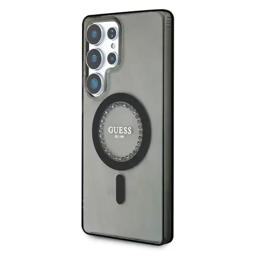 Husa Protectie Spate Guess Rhinestones Ring MagSafe pentru Samsung Galaxy S25 Ultra (Negru)