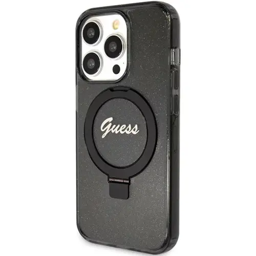 Husa Protectie Spate Guess Ring Stand Glitter MagSafe pentru Apple iPhone 15 Pro Max (Negru)