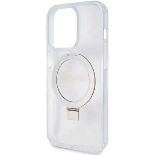 Husa Protectie Spate Guess Ring Stand Glitter MagSafe pentru Apple iPhone 15 Pro (Transparent)