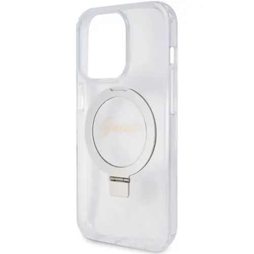 Husa Protectie Spate Guess Ring Stand Glitter MagSafe pentru Apple iPhone 15 Pro (Transparent)