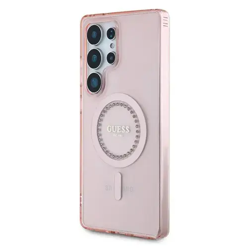 Husa Protectie Spate Guess Rhinestones Ring MagSafe pentru Samsung Galaxy S25 Ultra (Roz)