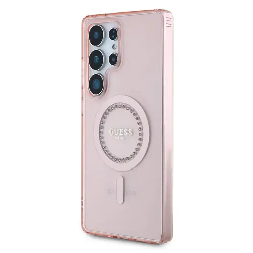 Husa Protectie Spate Guess Rhinestones Ring MagSafe pentru Samsung Galaxy S25 Ultra (Roz)