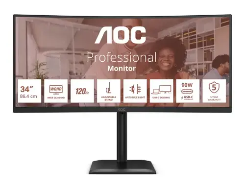 Monitor VA LED AOC 34inch CU34E4CV, UWQHD (3440 x 1440), HDMI, DisplayPort, Ecran curbat, Boxe, 120 Hz, 4 ms (Negru)