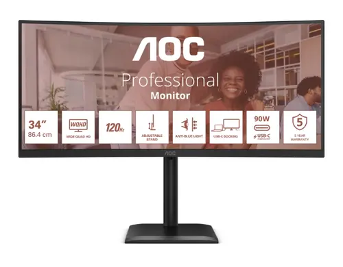 Monitor VA LED AOC 34inch CU34E4CV, UWQHD (3440 x 1440), HDMI, DisplayPort, Ecran curbat, Boxe, 120 Hz, 4 ms (Negru)