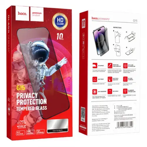 Folie de protectie Ecran Privacy HOCO G15 pentru Apple iPhone 16 Plus / 15 Plus, Sticla Securizata, Full Glue, 5D