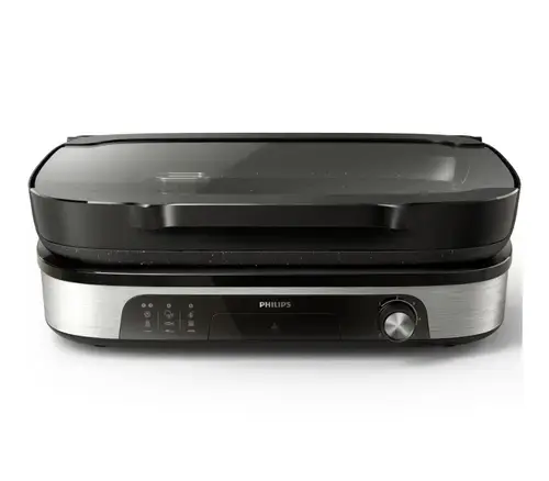 Gratar electric de masa Philips Seria 5000 HD6212/90, 2400 W, temperatura reglabila, dispozitiv de afumare, suprafata de frigere mare: 1250 cm², plita versatila, strat de piatra Maifan, placi detasabile, capac de sticla (Negru/Inox)
