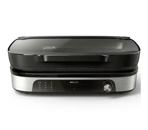 Gratar electric de masa Philips Seria 5000 HD6212/90, 2400 W, temperatura reglabila, dispozitiv de afumare, suprafata de frigere mare: 1250 cm², plita versatila, strat de piatra Maifan, placi detasabile, capac de sticla (Negru/Inox)
