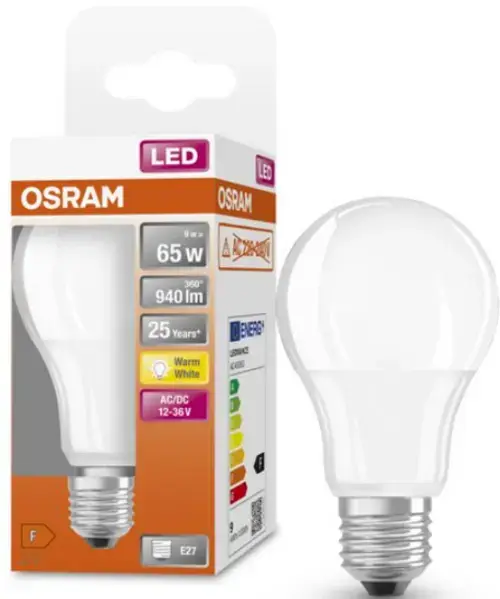 Bec LED Osram Classic A60, E27, 12-36V AC/DC, 9W (65W), 940 lm, lumina calda (2700K), nu functioneaza la 220-240V