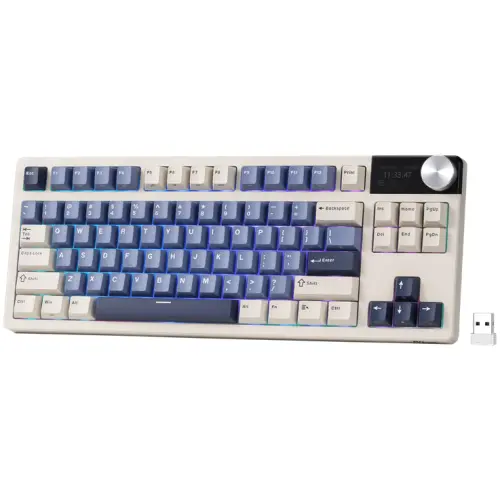 Tastatura Gaming Royal Kludge S85, iluminare RGB, Wired, Wireless 2.4Ghz, Bluetooth (Bej/Albastru)