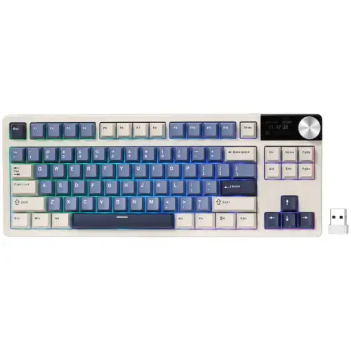 Tastatura Gaming Royal Kludge S85, iluminare RGB, Wired, Wireless 2.4Ghz, Bluetooth, Cloud Switch (Bej/Albastru)