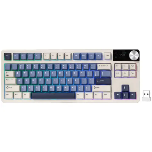 Tastatura Gaming Royal Kludge S85, iluminare RGB, Wired, Wireless 2.4Ghz, Bluetooth, Cloud Switch (Bej/Albastru)