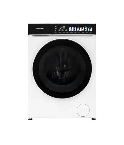Masina de spalat rufe Daewoo DWD-DS9014, 9 kg, motor inverter, 1400 rpm, 12 programe, butoane touch, panou de control negru cu pictograme colorate, usa dubla neagra, Clasa A (Alb)