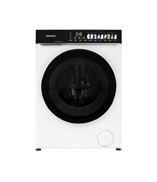 Masina de spalat rufe Daewoo DWD-DS9014, 9 kg, motor inverter, 1400 rpm, 12 programe, butoane touch, panou de control negru cu pictograme colorate, usa dubla neagra, Clasa A (Alb)