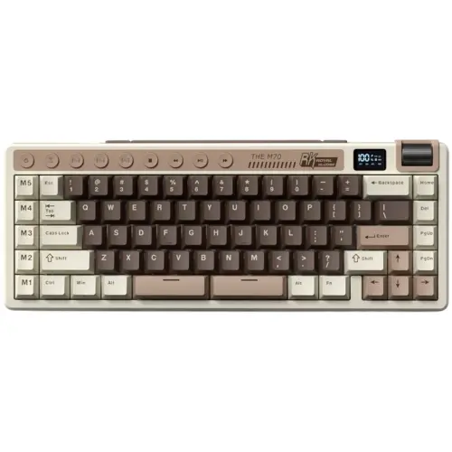 Tastatura Gaming Royal Kludge RK M70, Beige switch, iluminare RGB, Wired, Wireless 2.4Ghz, Bluetooth (Crem/Maro)