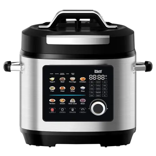 Oala electrica sub presiune iHunt Bro Multicooker 8L Ultra, 1300 W, 8 l, 12 programe, Panou Touch Digital (Negru/Inox)