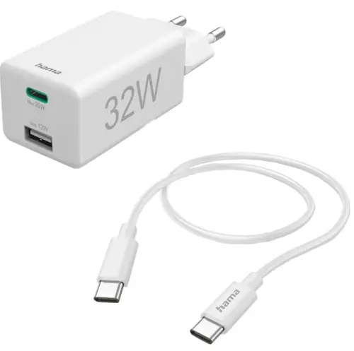 Incarcator retea HAMA 201692, 1xUSB, 1x USB-C, Quick Charge 3.0, 32W, Cablu USB-C (Alb)
