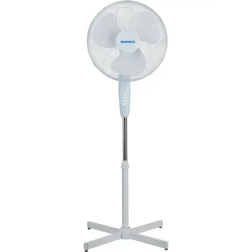 Ventilator cu picior Daewoo DVS1699V, putere 50 W, 40 cm diametru, trei trepte de putere, inaltime reglabila pana la 125 cm, gril frontal de protectie, oscilare la 90 grade, baza stabila (Alb)