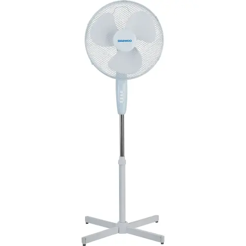 Ventilator cu picior Daewoo DVS1699V, putere 50 W, 40 cm diametru, trei trepte de putere, inaltime reglabila pana la 125 cm, gril frontal de protectie, oscilare la 90 grade, baza stabila (Alb)